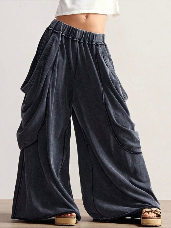 Pants - Bohemela Charcoal Wide-Leg Draped Palazzo Pants